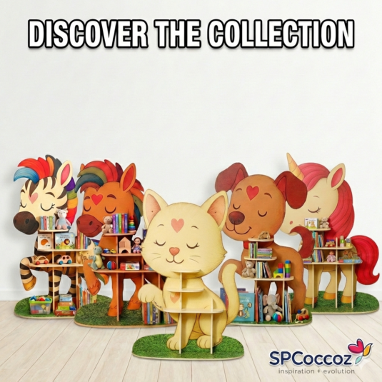 Colorful animal-shaped kids shelving in a child’s room