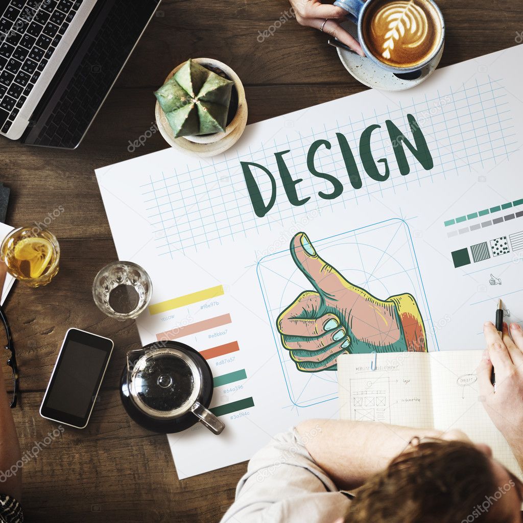 Hand-drawn product illustrations and color studies on a desk